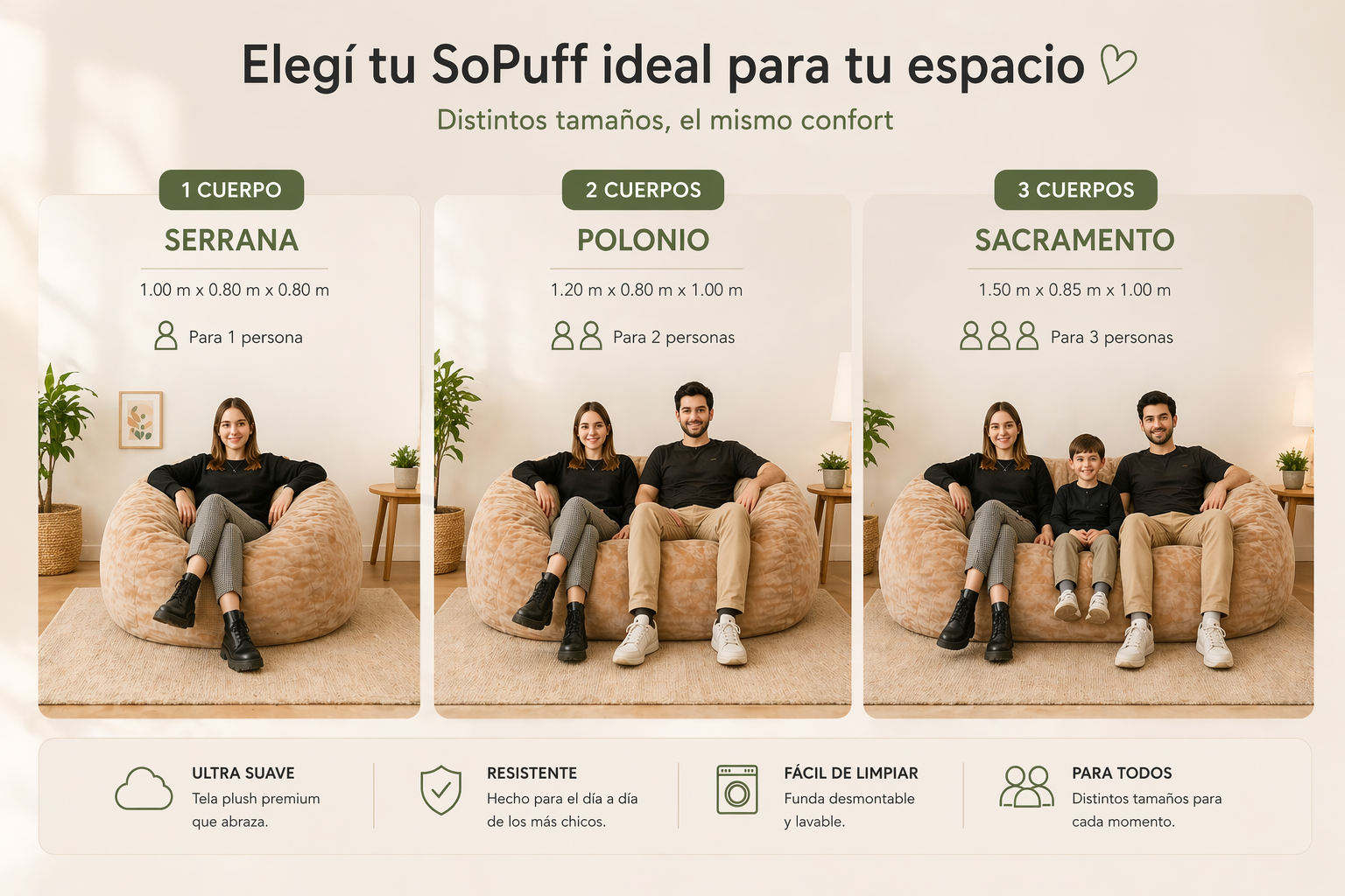 Comparativo de tamaños de los 3 modelos Sopuff: Serrana (1 persona), Polonio (2 personas), Sacramento (3 personas)